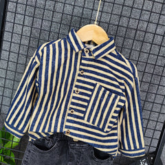 Blue Striped Full Sleeves Front Pocket Striped Shirt From 1-7 Years