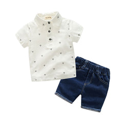 White Half Sleeves Sailor Pattern Polo T-Shirt & Blue Shorts Set From 2-8 Years