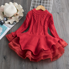 Full Sleeves Crochet Net Fit and Flare Knitted Dress From 2-7 Years