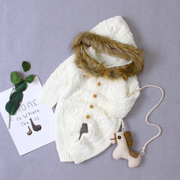 Full Sleeves Knitted Faux Fur Hooded Collar Winter Jumpsuit From 3 Months - 2 Years