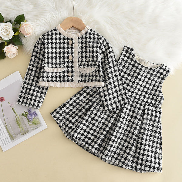 Full Sleeves Houndstooth Pleated Vest Dress With Retro Outwear Coat From 1-6 Years