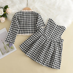 Full Sleeves Houndstooth Pleated Vest Dress With Retro Outwear Coat From 1-6 Years