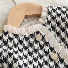 Full Sleeves Houndstooth Pleated Vest Dress With Retro Outwear Coat From 1-6 Years