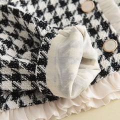 Full Sleeves Houndstooth Pleated Vest Dress With Retro Outwear Coat From 1-6 Years