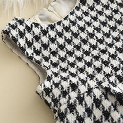 Full Sleeves Houndstooth Pleated Vest Dress With Retro Outwear Coat From 1-6 Years