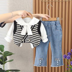 Full sleeves Bow-Knot Shirt With Striped Sweater Vest & Denim Jeans 3 Pcs Clothing Set For Girls From 1-5 Years