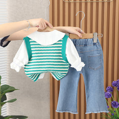 Full sleeves Bow-Knot Shirt With Striped Sweater Vest & Denim Jeans 3 Pcs Clothing Set For Girls From 1-5 Years