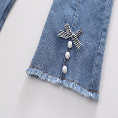 Full sleeves Bow-Knot Shirt With Striped Sweater Vest & Denim Jeans 3 Pcs Clothing Set For Girls From 1-5 Years