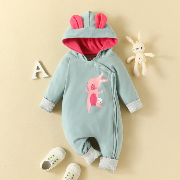 Full Sleeves Rabbit Print Cute Hooded Rabbit Ear Zip-Up Winter Jumpsuit From New Born-18 Months