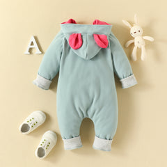 Full Sleeves Rabbit Print Cute Hooded Rabbit Ear Zip-Up Winter Jumpsuit From New Born-18 Months