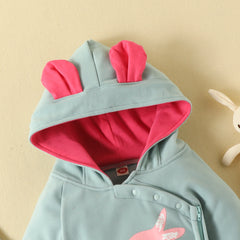 Full Sleeves Rabbit Print Cute Hooded Rabbit Ear Zip-Up Winter Jumpsuit From New Born-18 Months