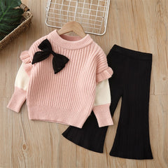 Full Sleeves Drop Shoulder Bow Attached Knitted Sweater With Flare Pant From 1-6 Years