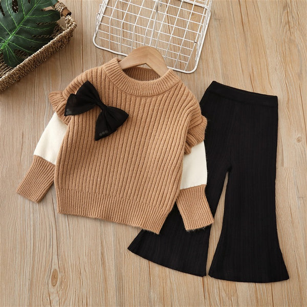 Full Sleeves Drop Shoulder Bow Attached Knitted Sweater With Flare Pant From 1-6 Years