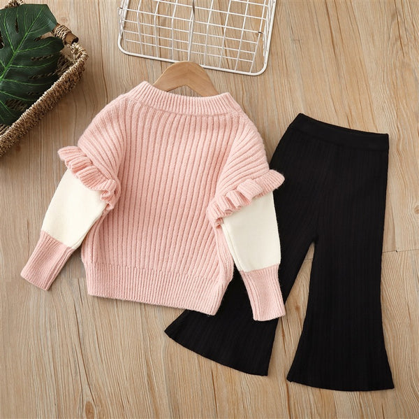 Full Sleeves Drop Shoulder Bow Attached Knitted Sweater With Flare Pant From 1-6 Years