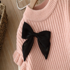 Full Sleeves Drop Shoulder Bow Attached Knitted Sweater With Flare Pant From 1-6 Years