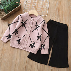 Long Sleeves Fall Winter Bow knot Applique Cardigan With Knitted Flare Pant From 1-6 Years