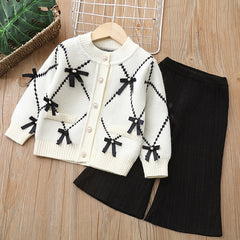 Long Sleeves Fall Winter Bow knot Applique Cardigan With Knitted Flare Pant From 1-6 Years