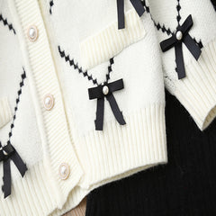 Long Sleeves Fall Winter Bow knot Applique Cardigan With Knitted Flare Pant From 1-6 Years