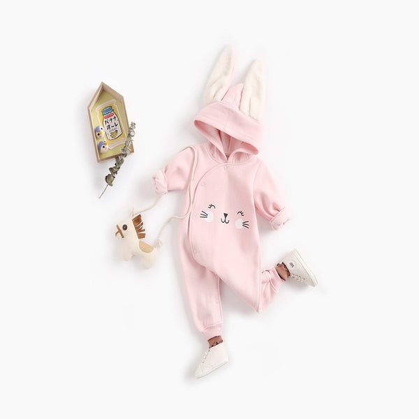 Full Sleeves Cartoon Printed Rabbit Ears Hooded Warm Jumpsuit For Infants & Toddlers From New Born - 24 Months