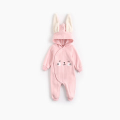 Full Sleeves Cartoon Printed Rabbit Ears Hooded Warm Jumpsuit For Infants & Toddlers From New Born - 24 Months