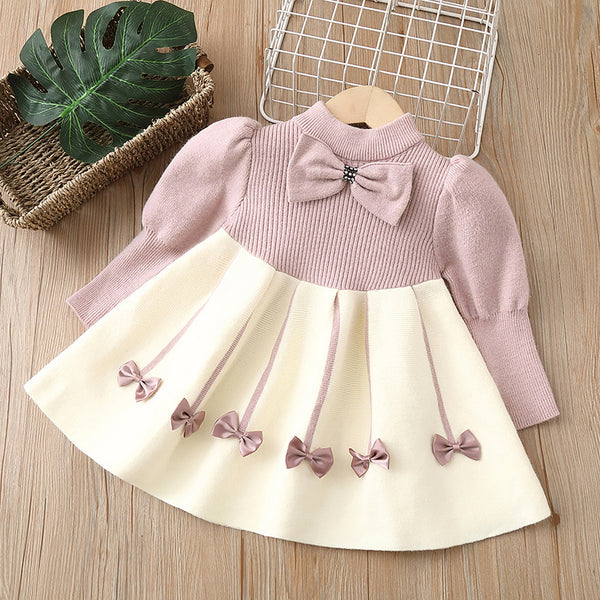 Long Fluffy Sleeves Bow Applique A-Line Elegant Princess Knitted Tutu Dress From 1-6 Years