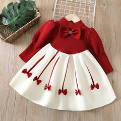 Long Fluffy Sleeves Bow Applique A-Line Elegant Princess Knitted Tutu Dress From 1-6 Years