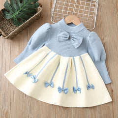 Long Fluffy Sleeves Bow Applique A-Line Elegant Princess Knitted Tutu Dress From 1-6 Years