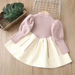 Long Fluffy Sleeves Bow Applique A-Line Elegant Princess Knitted Tutu Dress From 1-6 Years