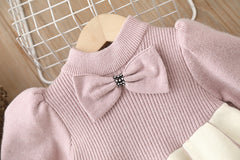 Long Fluffy Sleeves Bow Applique A-Line Elegant Princess Knitted Tutu Dress From 1-6 Years