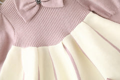 Long Fluffy Sleeves Bow Applique A-Line Elegant Princess Knitted Tutu Dress From 1-6 Years