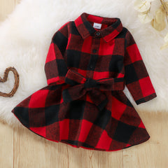 Red & Black Full Sleeves Belted Button Down Plaid Dress From 9-18 Months