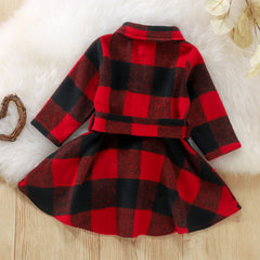 Red & Black Full Sleeves Belted Button Down Plaid Dress From 9-18 Months