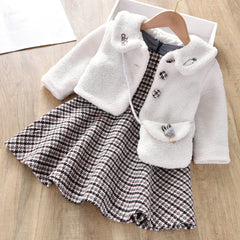 White Full Sleeves Embroidered Collar Teddy Fur Jacket  & houndstooth Dress With Side Sling Bag From 1-6 Years