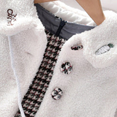 White Full Sleeves Embroidered Collar Teddy Fur Jacket  & houndstooth Dress With Side Sling Bag From 1-6 Years