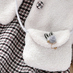 White Full Sleeves Embroidered Collar Teddy Fur Jacket  & houndstooth Dress With Side Sling Bag From 1-6 Years