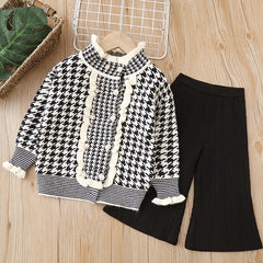 Full Sleeves Plaid Knitted Flutter Mock Neck Top With Knitted Pant From 1-6 Years