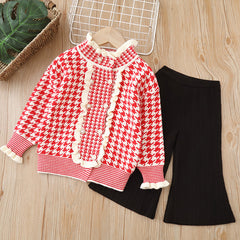 Full Sleeves Plaid Knitted Flutter Mock Neck Top With Knitted Pant From 1-6 Years