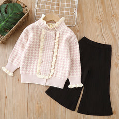 Full Sleeves Plaid Knitted Flutter Mock Neck Top With Knitted Pant From 1-6 Years