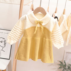 Long Sleeves Peter Pan Collar Colour Blocked Knitted Dress From 1-6 Years