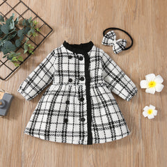 Full Sleeves Fall winter Plaid Button Trench Coat Dress With Headband From 3 Months - 3 Years