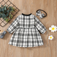 Full Sleeves Fall winter Plaid Button Trench Coat Dress With Headband From 3 Months - 3 Years