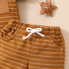 Brown Half Sleeves Solid Hooded Striped T-Shirt & Shorts Set From 9 Months - 5 Years