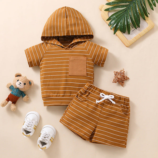 Brown Half Sleeves Solid Hooded Striped T-Shirt & Shorts Set From 9 Months - 5 Years