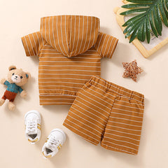 Brown Half Sleeves Solid Hooded Striped T-Shirt & Shorts Set From 9 Months - 5 Years