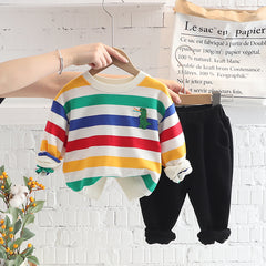 Full Sleeves Dinasaur Printed Striped Sweatshirt & Black Joggers Set With Side Bag From 9 Months - 5 Years