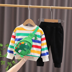 Full Sleeves Dinasaur Printed Striped Sweatshirt & Black Joggers Set With Side Bag From 9 Months - 5 Years