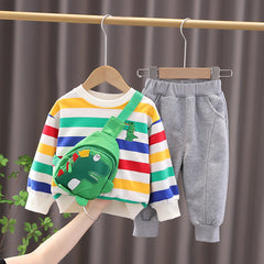 Full Sleeves Dinasaur Printed Striped Sweatshirt & Grey Joggers Set With Side Bag From 9 Months - 5 Years