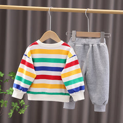 Full Sleeves Dinasaur Printed Striped Sweatshirt & Grey Joggers Set With Side Bag From 9 Months - 5 Years