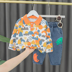 Orange Full Sleeves Overall Printed T-Shirt With Denim Jeans From 3 Months - 4 Years