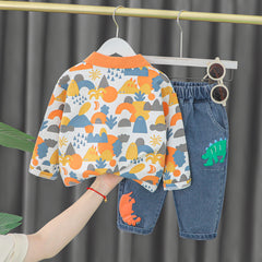 Orange Full Sleeves Overall Printed T-Shirt With Denim Jeans From 3 Months - 4 Years